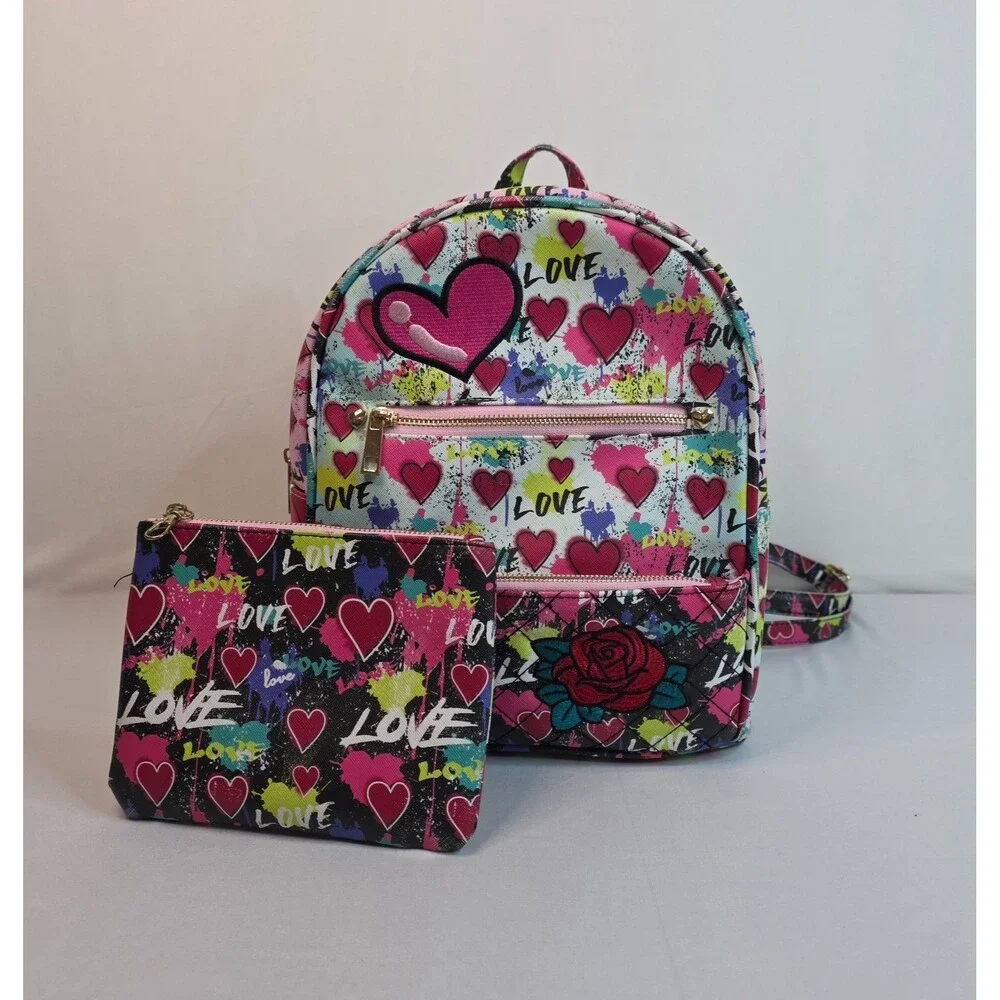 Under One Sky Love Heart Mini Backpack & Matching Zip Pouch Pink Graffiti Bag